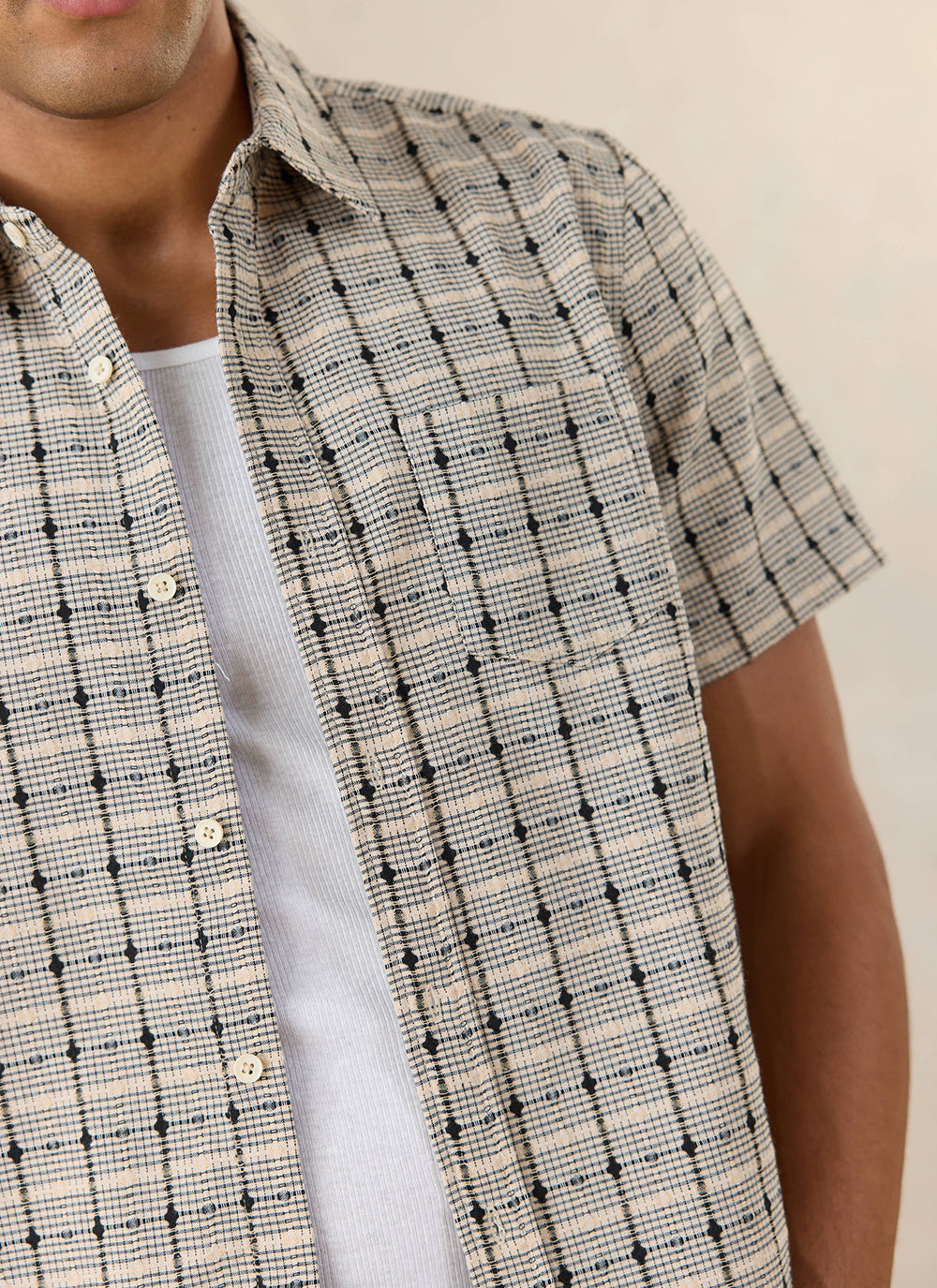 Men's Short Sleeve Check Shirt: Bayley - Cotton - Cream | Percival