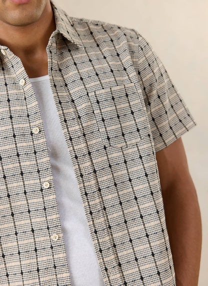 Men's Short Sleeve Check Shirt: Bayley - Cotton - Cream | Percival