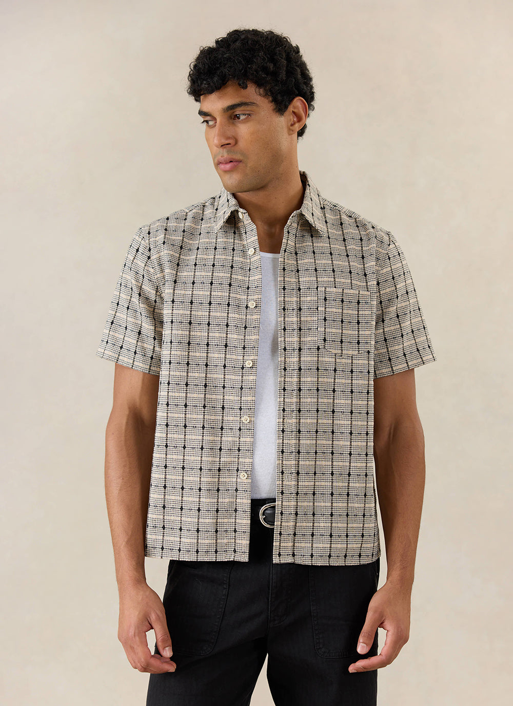 Men's Short Sleeve Check Shirt: Bayley - Cotton - Cream | Percival