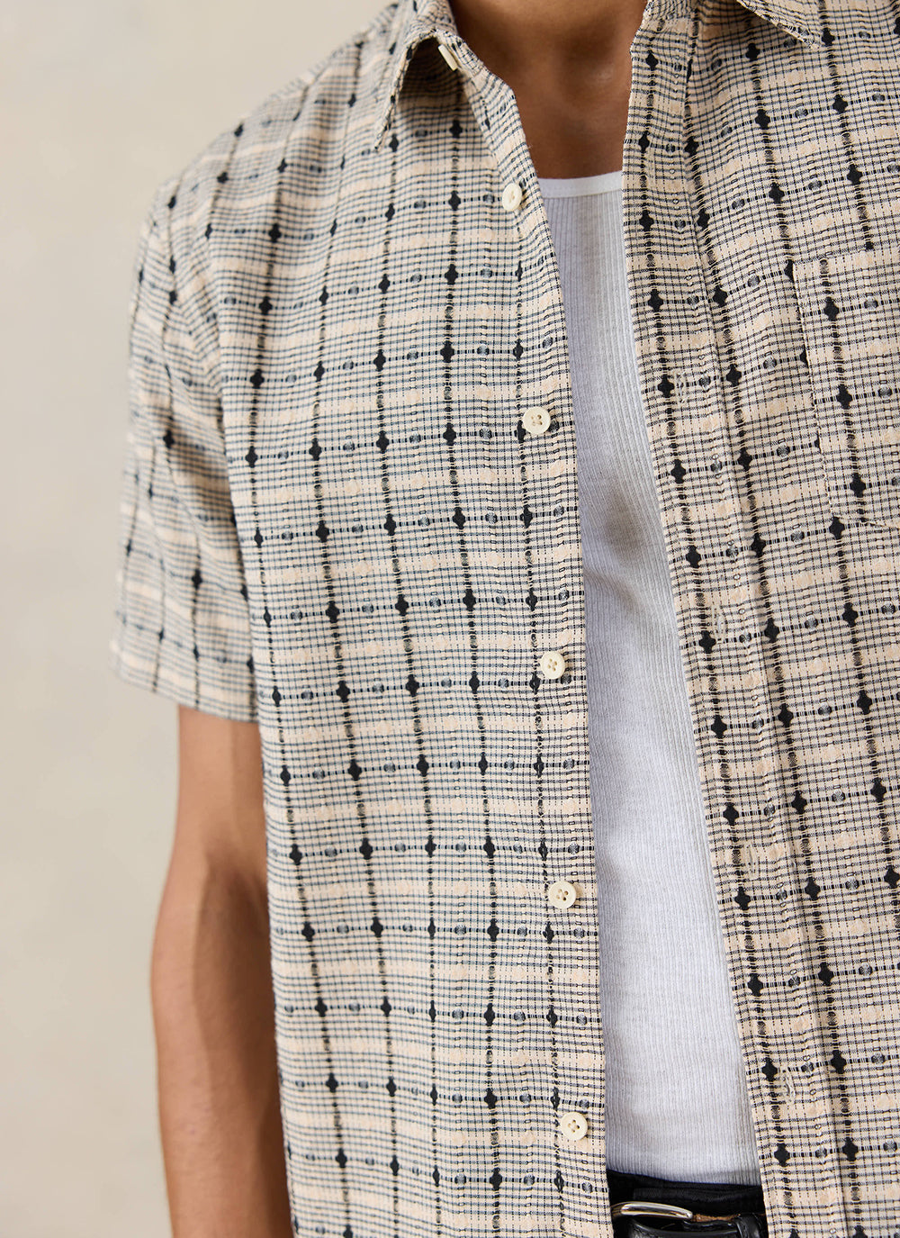 Men's Short Sleeve Check Shirt: Bayley - Cotton - Cream | Percival
