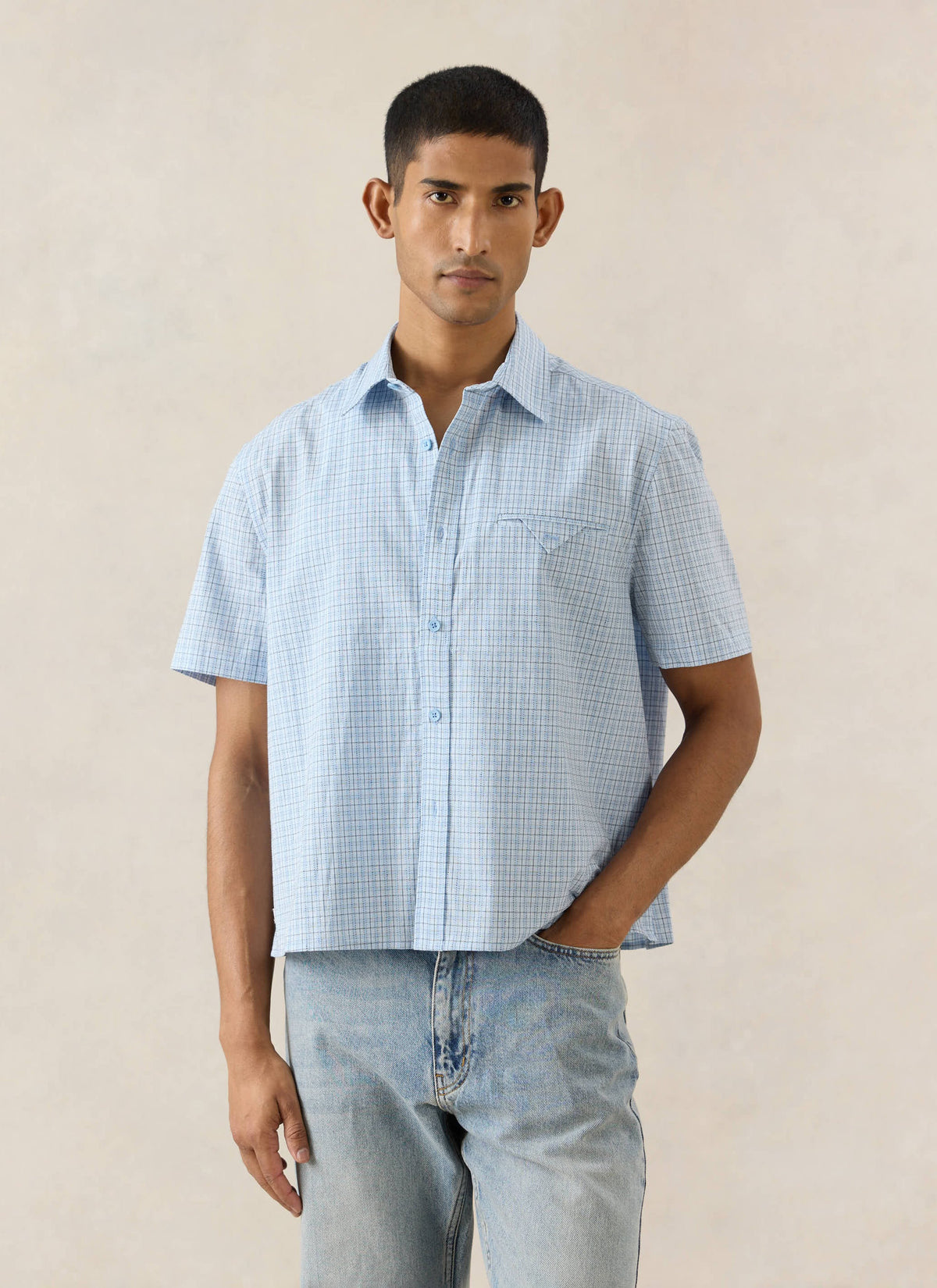 Men's Boxy Short Sleeve Shirt - Cotton - Blue Check | Percival