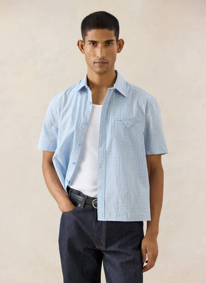 Men's Boxy Short Sleeve Shirt - Cotton - Blue Check | Percival