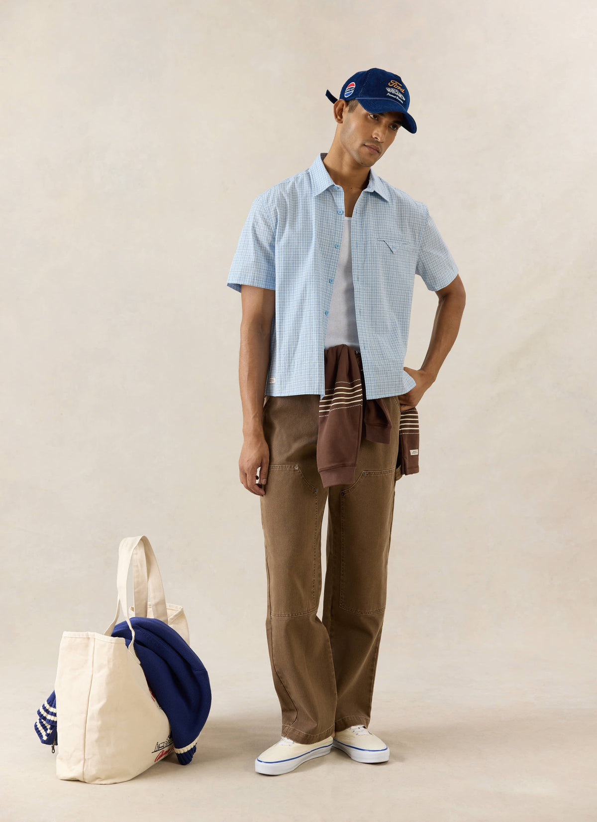 Men's Boxy Short Sleeve Shirt - Cotton - Blue Check | Percival