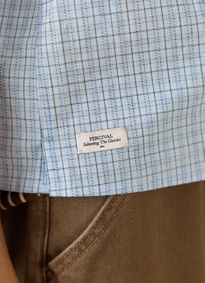 Men's Boxy Short Sleeve Shirt - Cotton - Blue Check | Percival