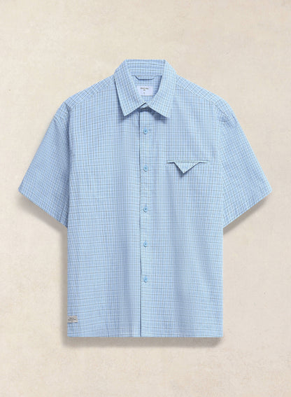 Men's Boxy Short Sleeve Shirt - Cotton - Blue Check | Percival
