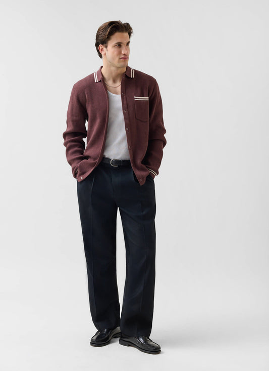 Men's Knit Shirt - Long Sleeve - Cuban Collar - Espresso Brown | Percival