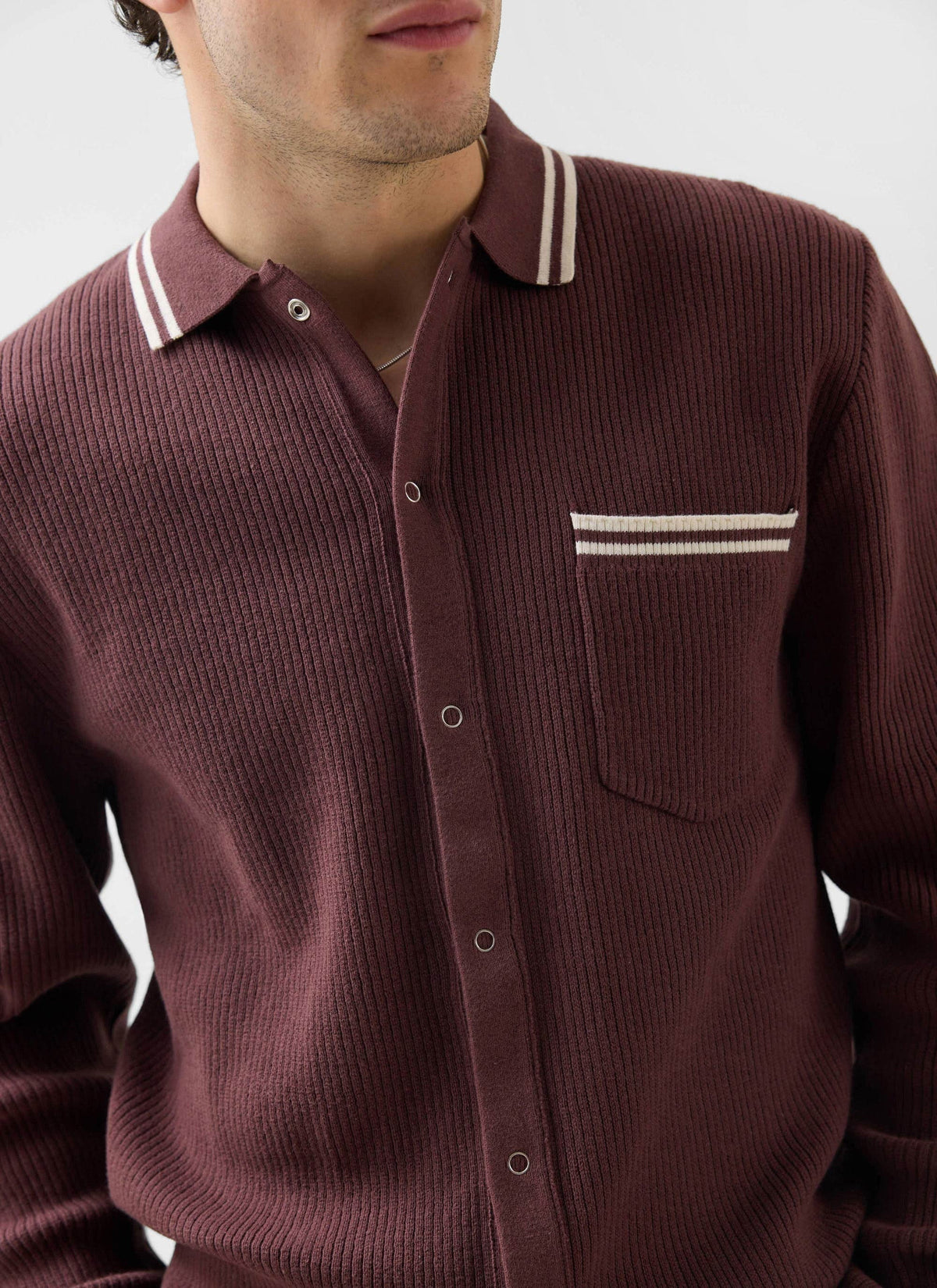 Men's Knit Shirt - Long Sleeve - Cuban Collar - Espresso Brown | Percival