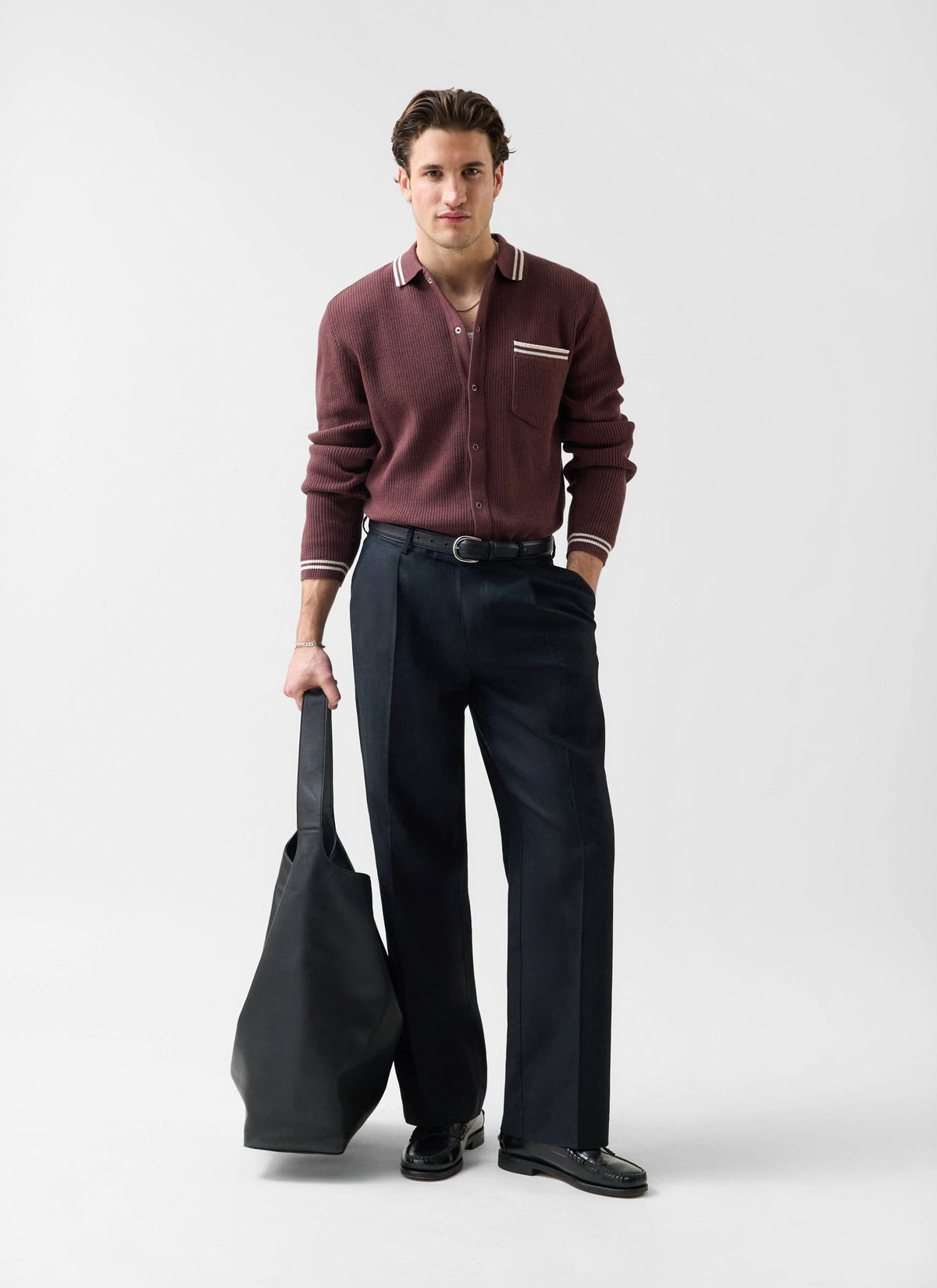 Men's Knit Shirt - Long Sleeve - Cuban Collar - Espresso Brown | Percival