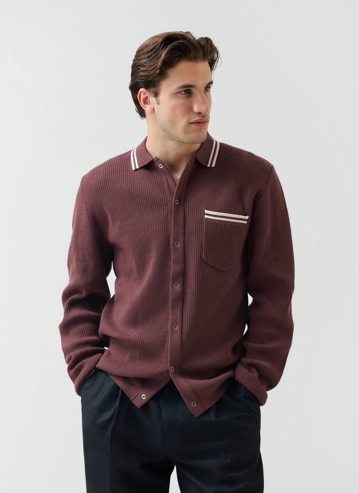 Men's Knit Shirt - Long Sleeve - Cuban Collar - Espresso Brown | Percival