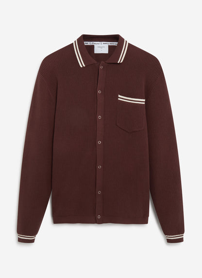 Men's Knit Shirt - Long Sleeve - Cuban Collar - Espresso Brown | Percival