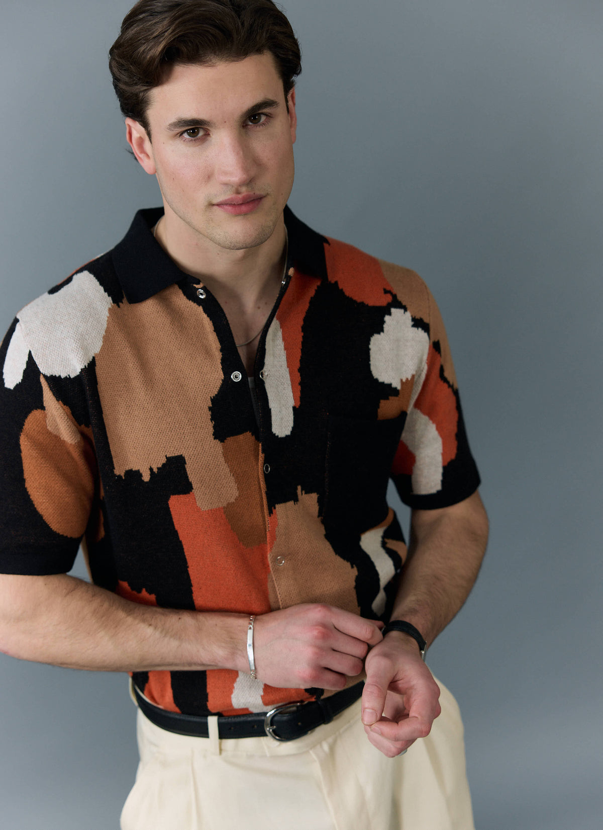 Men's Knitted Shirt Sleeve Shirt - Jacquard - Multicolour | Percival