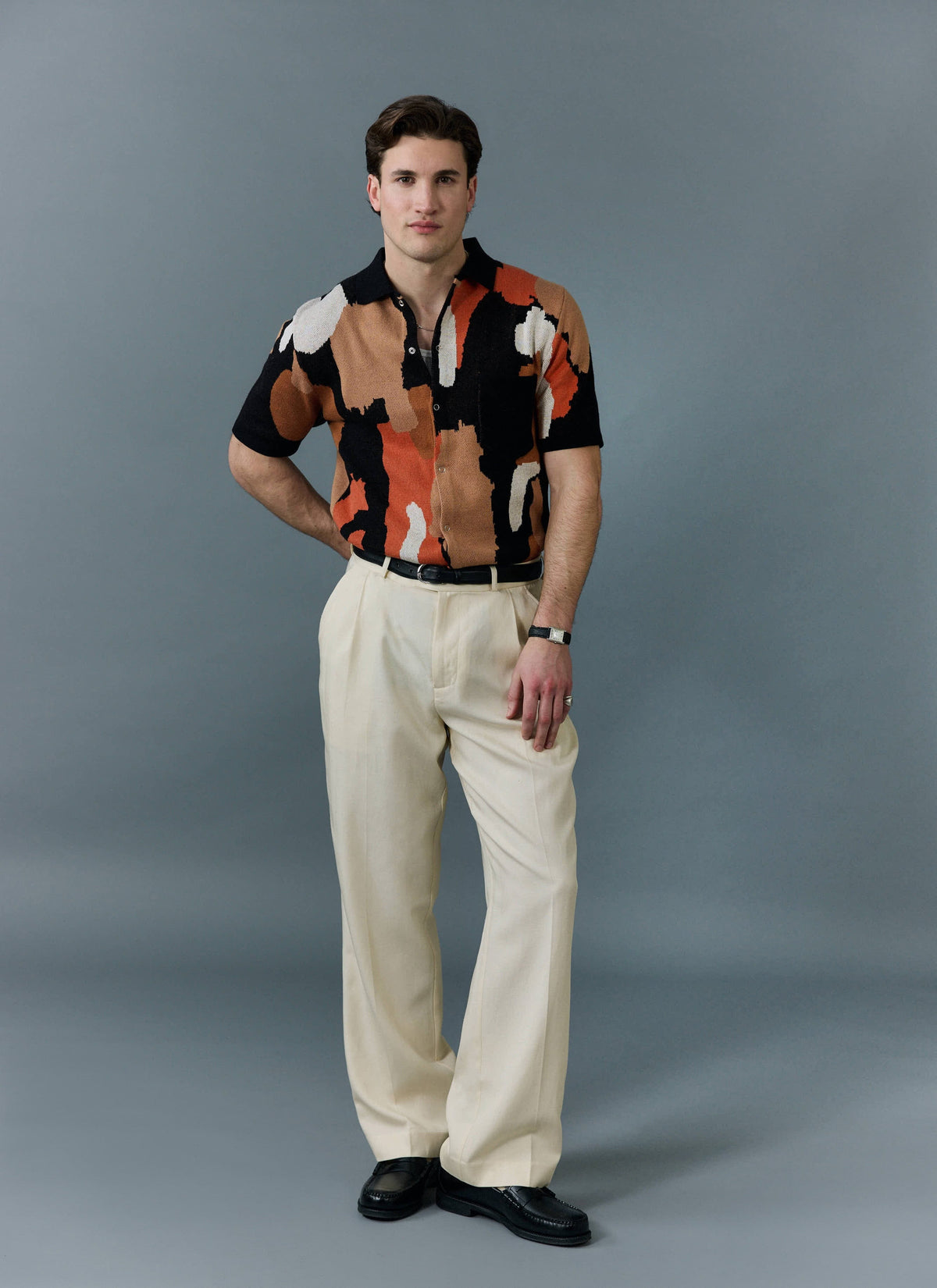 Men's Knitted Shirt Sleeve Shirt - Jacquard - Multicolour | Percival
