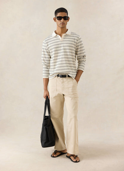Men's Long Sleeve Knit Polo Shirt - Cotton - Cream Stripe | Percival