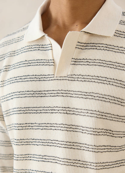 Men's Long Sleeve Knit Polo Shirt - Cotton - Cream Stripe | Percival