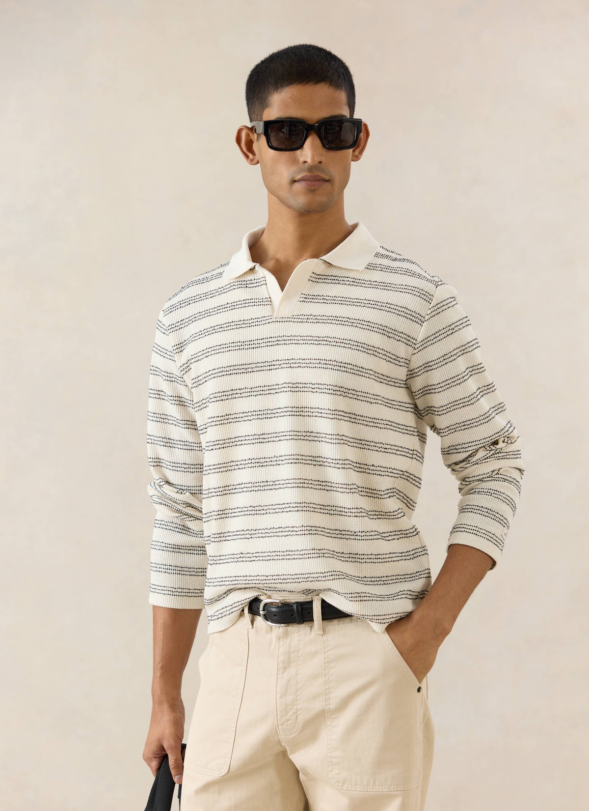 Men's Long Sleeve Knit Polo Shirt - Cotton - Cream Stripe | Percival