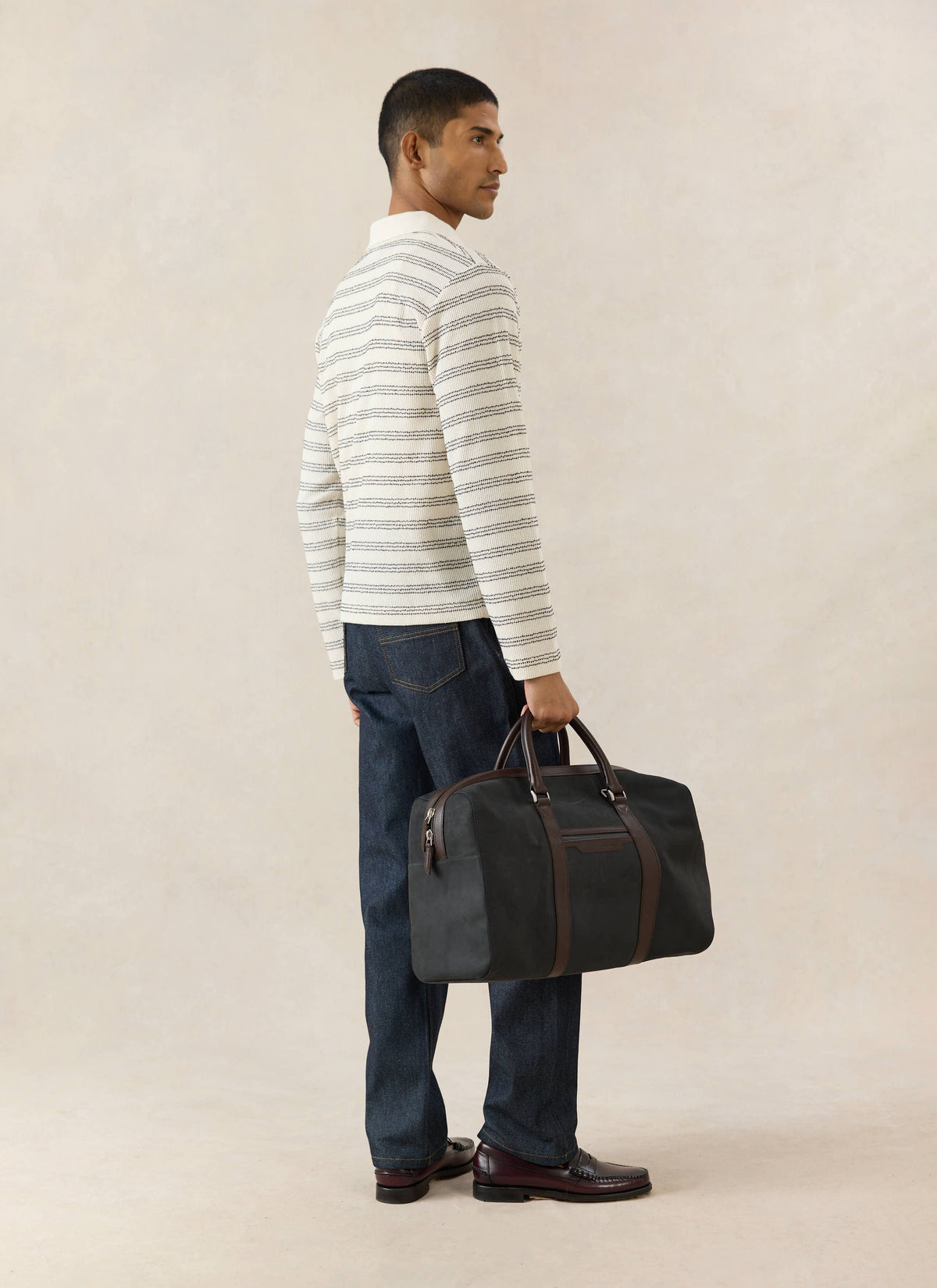 Men's Long Sleeve Knit Polo Shirt - Cotton - Cream Stripe | Percival