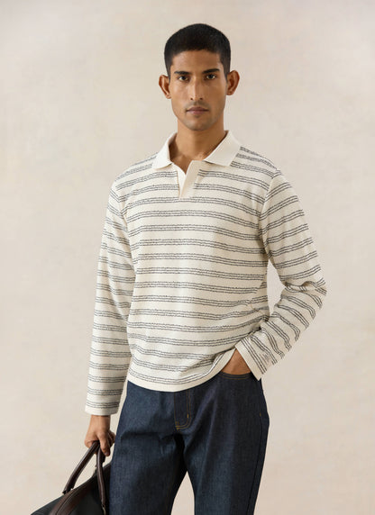 Men's Long Sleeve Knit Polo Shirt - Cotton - Cream Stripe | Percival