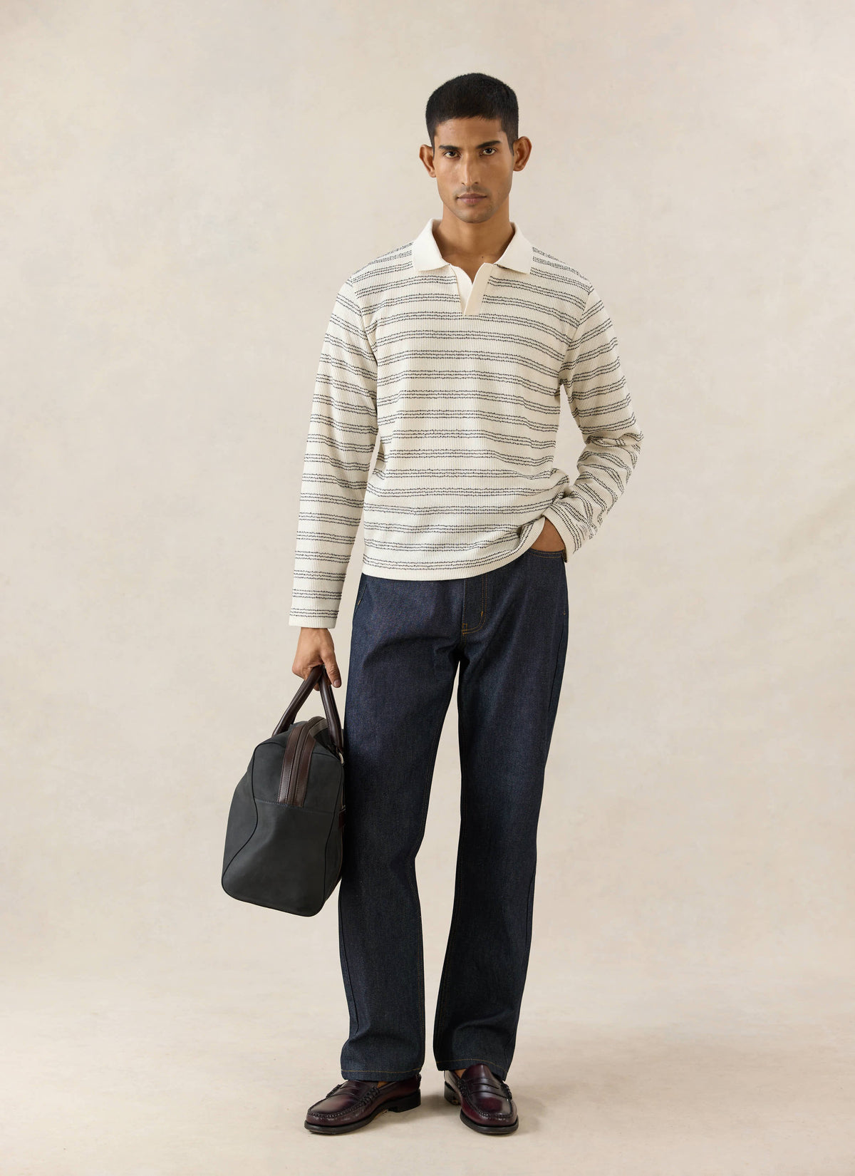 Men's Long Sleeve Knit Polo Shirt - Cotton - Cream Stripe | Percival