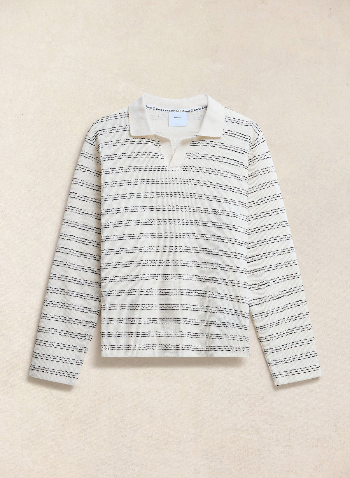 Men's Long Sleeve Knit Polo Shirt - Cotton - Cream Stripe | Percival