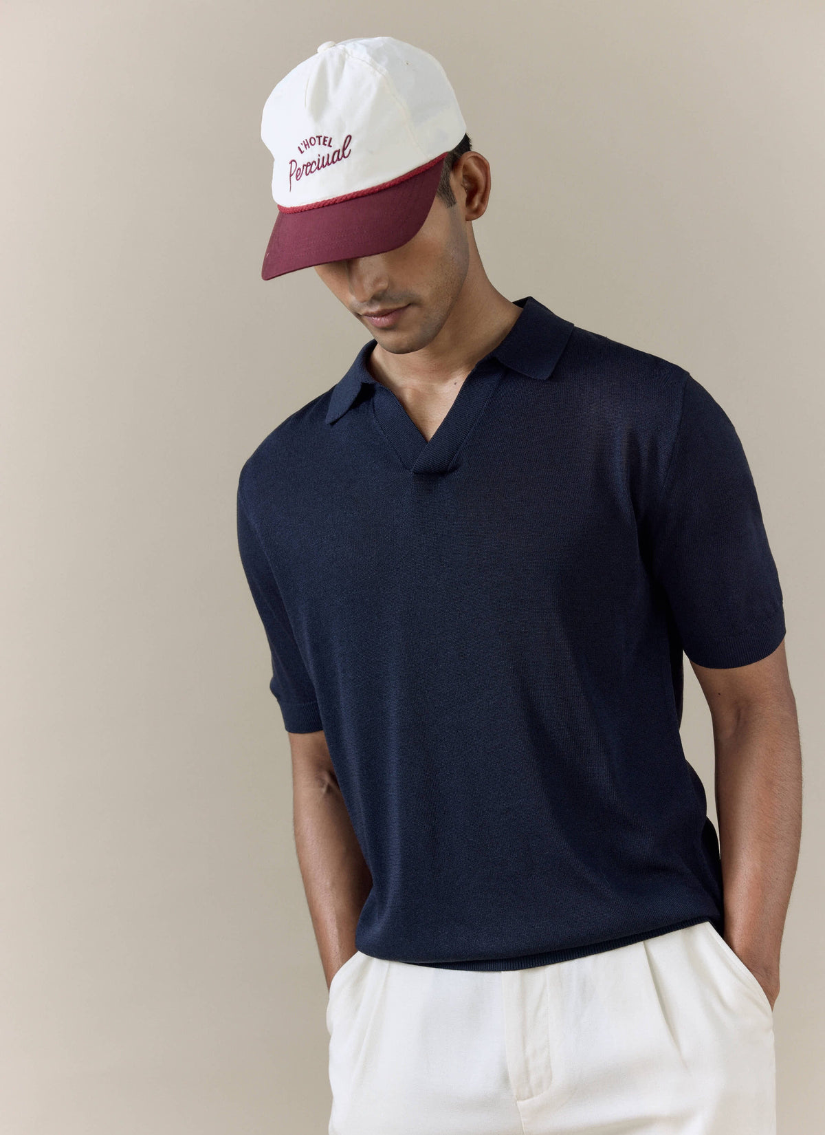 Men's Knitted Polo Shirt: Laurence - Open Collar - Navy Blue | Percival