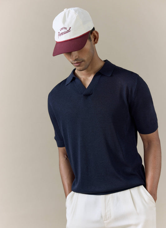 Men's Knitted Polo Shirt: Laurence - Open Collar - Navy Blue | Percival