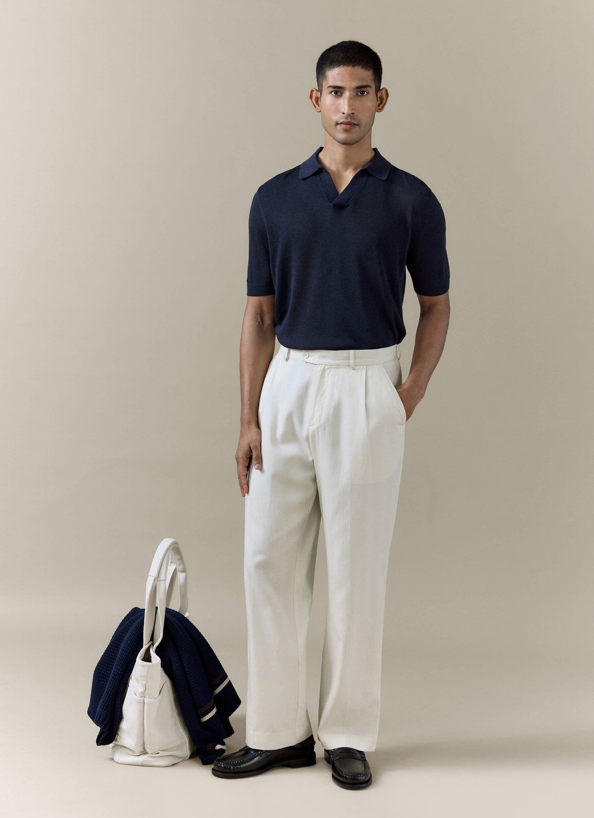 Men's Knitted Polo Shirt: Laurence - Open Collar - Navy Blue | Percival