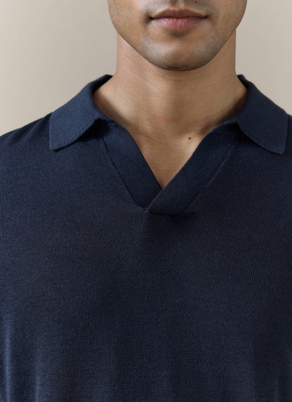Men's Knitted Polo Shirt: Laurence - Open Collar - Navy Blue | Percival