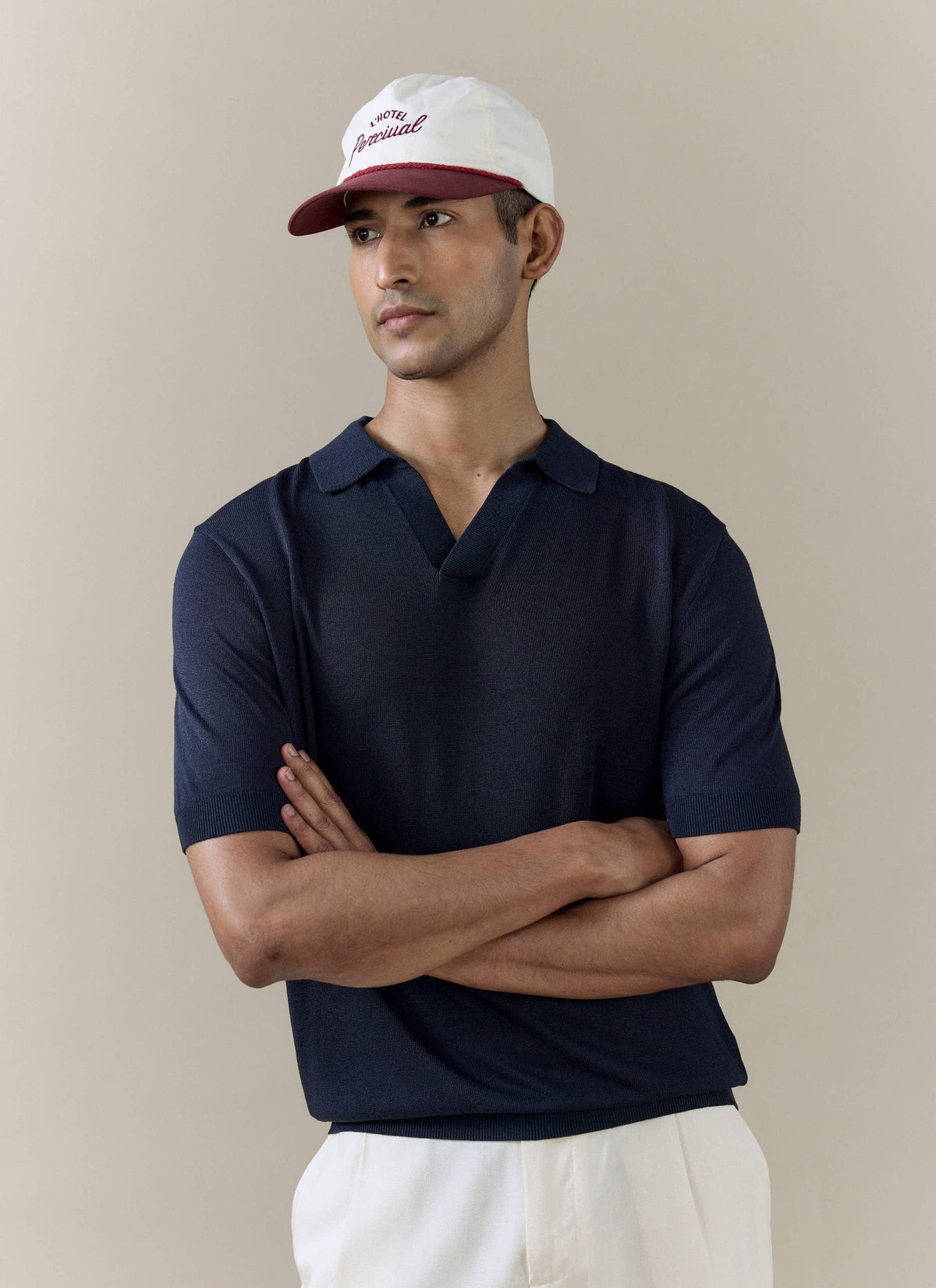 Men's Knitted Polo Shirt: Laurence - Open Collar - Navy Blue | Percival