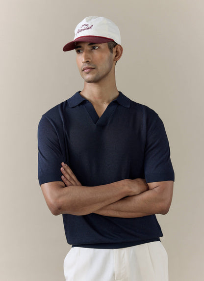Men's Knitted Polo Shirt: Laurence - Open Collar - Navy Blue | Percival