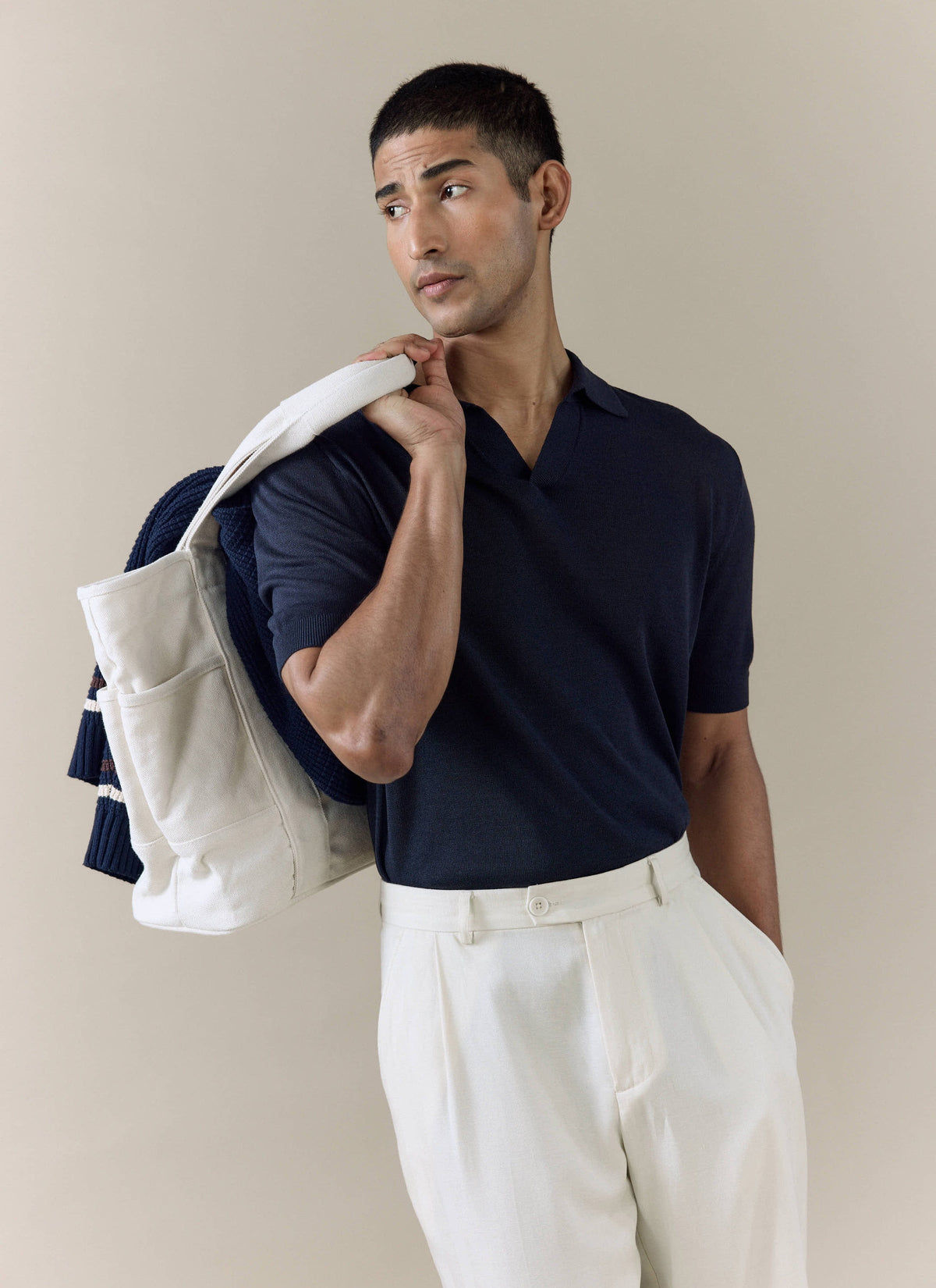 Men's Knitted Polo Shirt: Laurence - Open Collar - Navy Blue | Percival
