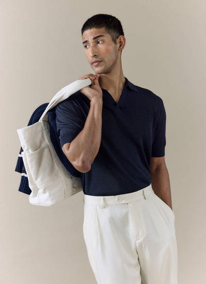 Men's Knitted Polo Shirt: Laurence - Open Collar - Navy Blue | Percival