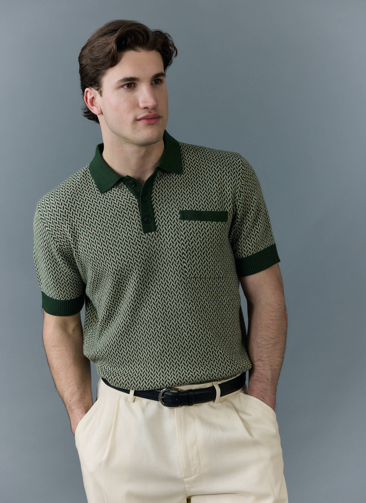 Men's Knitted Polo Shirt - Casa Martini - Forest Green | Percival