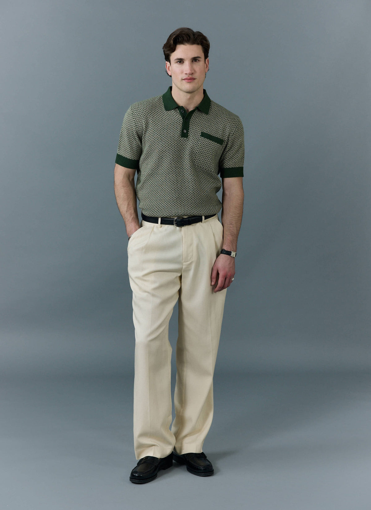 Men's Knitted Polo Shirt - Casa Martini - Forest Green | Percival