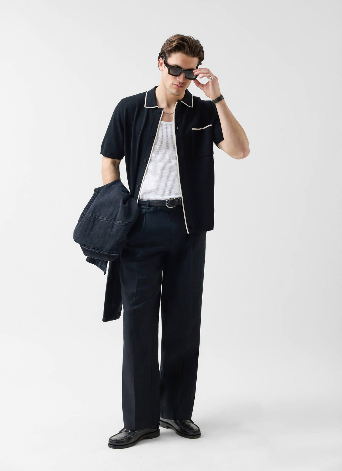 Contrast Trim Regular Knitted Shirt - Wool - Black | Percival
