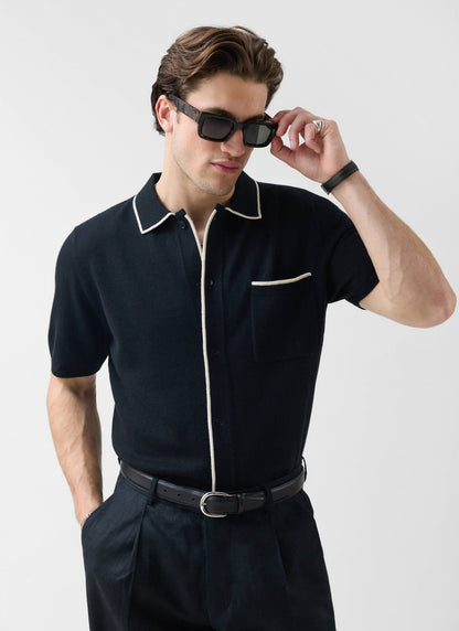 Contrast Trim Regular Knitted Shirt - Wool - Black | Percival