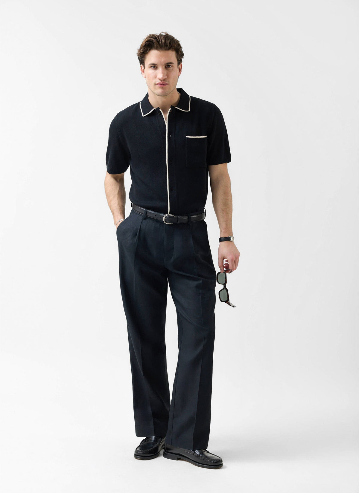 Contrast Trim Regular Knitted Shirt - Wool - Black | Percival
