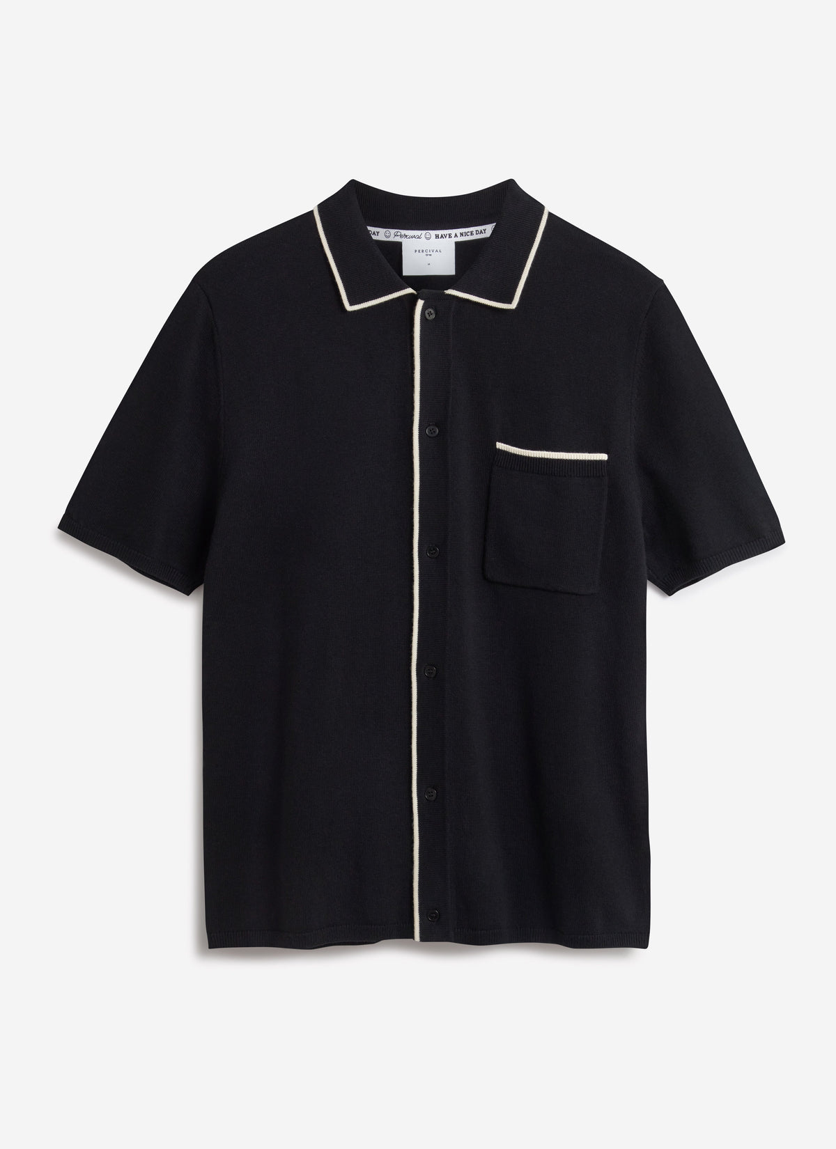 Contrast Trim Regular Knitted Shirt - Wool - Black | Percival
