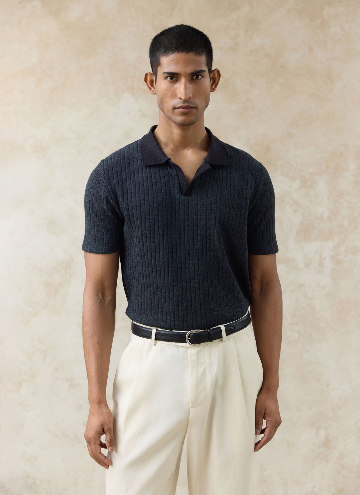 Men's Knitted Polo Shirt - Anthony - Cotton Blend - Black | Percival