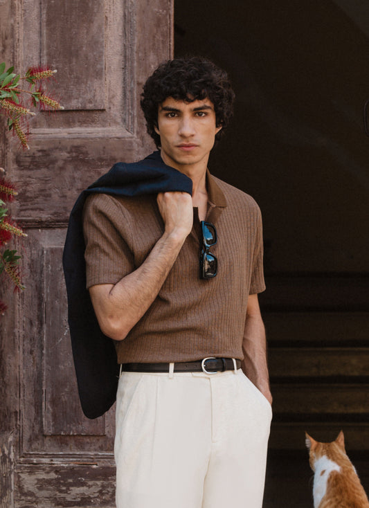 Men's Knitted Polo Shirt - Anthony - Cotton Blend - Brown | Percival