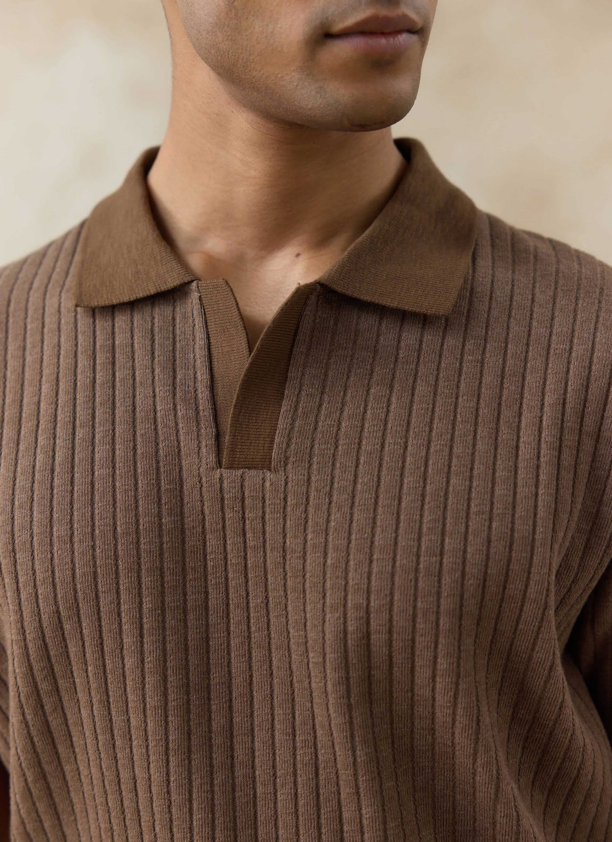 Men's Knitted Polo Shirt - Anthony - Cotton Blend - Brown | Percival