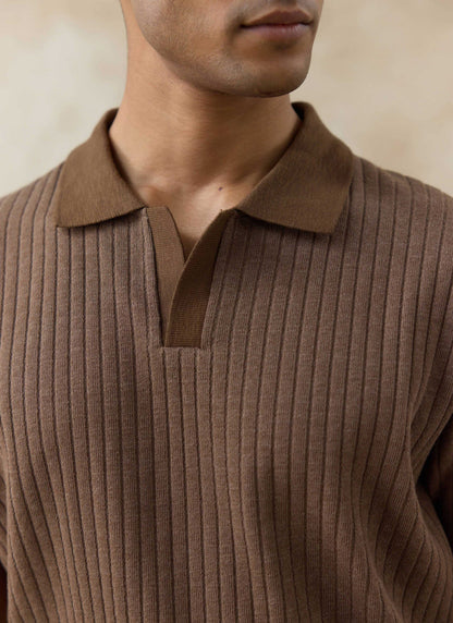 Men's Knitted Polo Shirt - Anthony - Cotton Blend - Brown | Percival