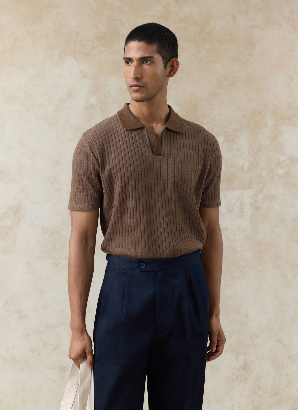 Men's Knitted Polo Shirt - Anthony - Cotton Blend - Brown | Percival