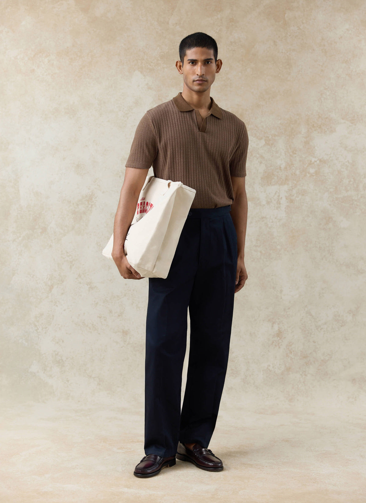 Men's Knitted Polo Shirt - Anthony - Cotton Blend - Brown | Percival