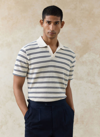 Men's Knitted Polo Shirt - Moore - Cotton - Cream Stripe | Percival