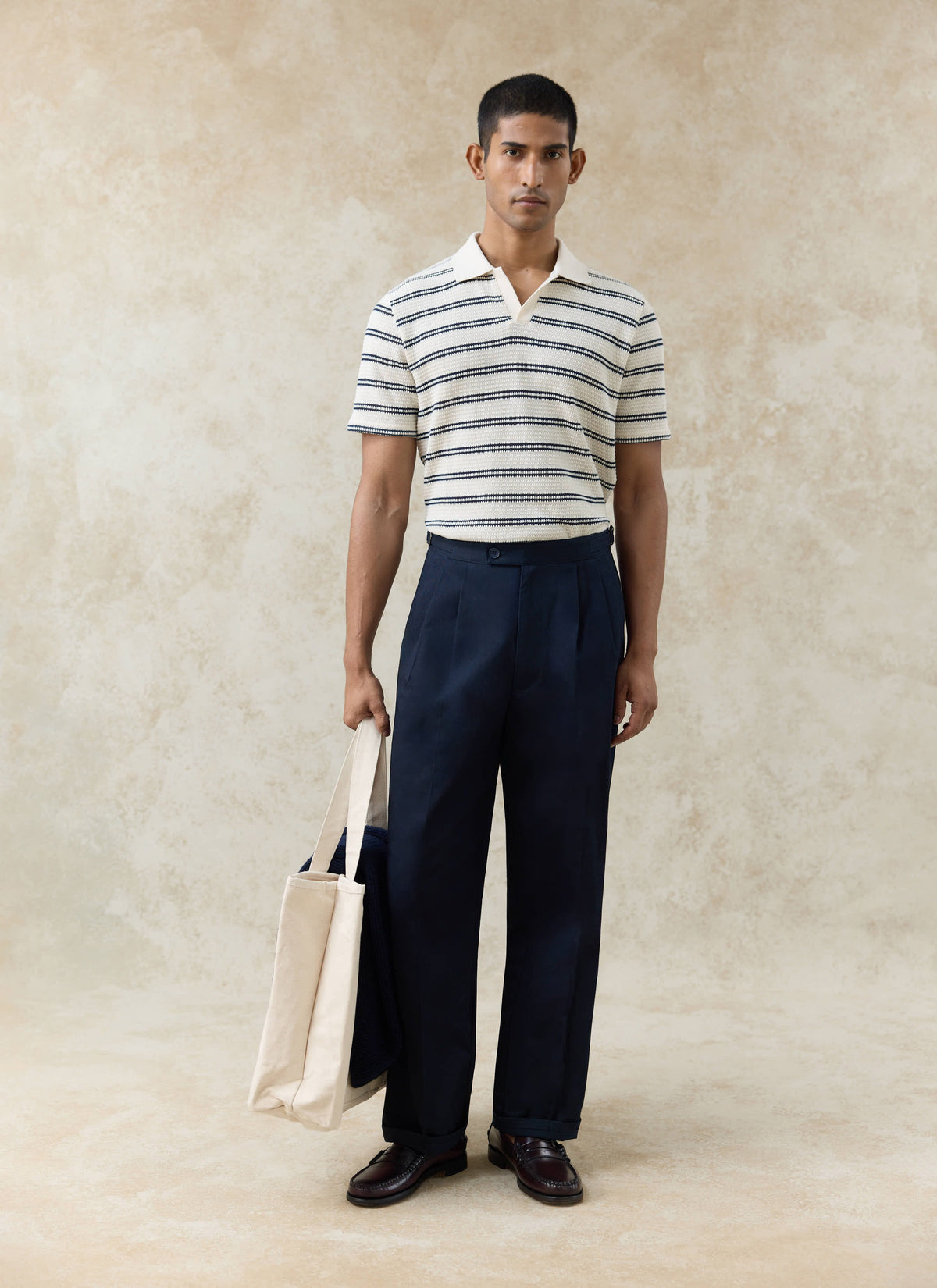 Men's Knitted Polo Shirt - Moore - Cotton - Cream Stripe | Percival