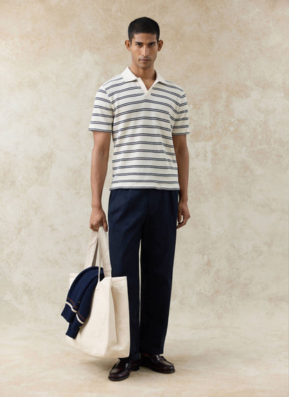 Men's Knitted Polo Shirt - Moore - Cotton - Cream Stripe | Percival