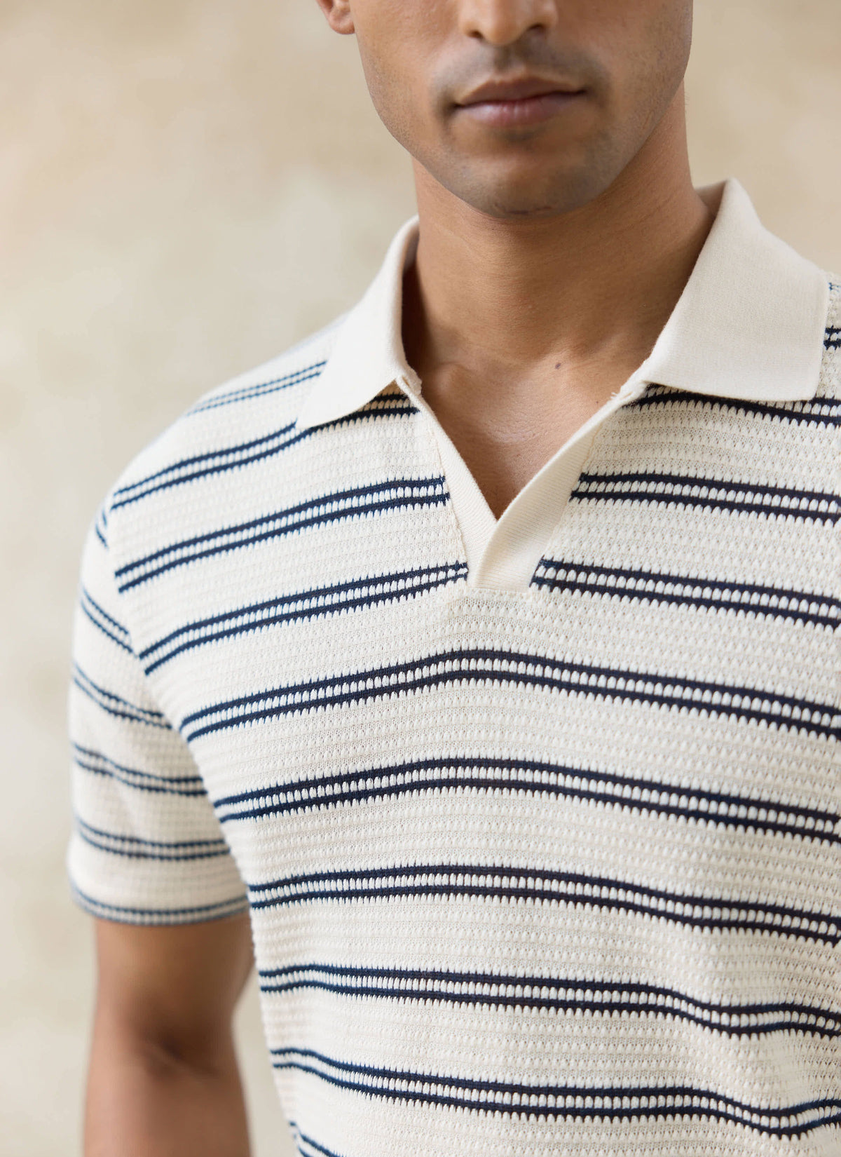 Men's Knitted Polo Shirt - Moore - Cotton - Cream Stripe | Percival