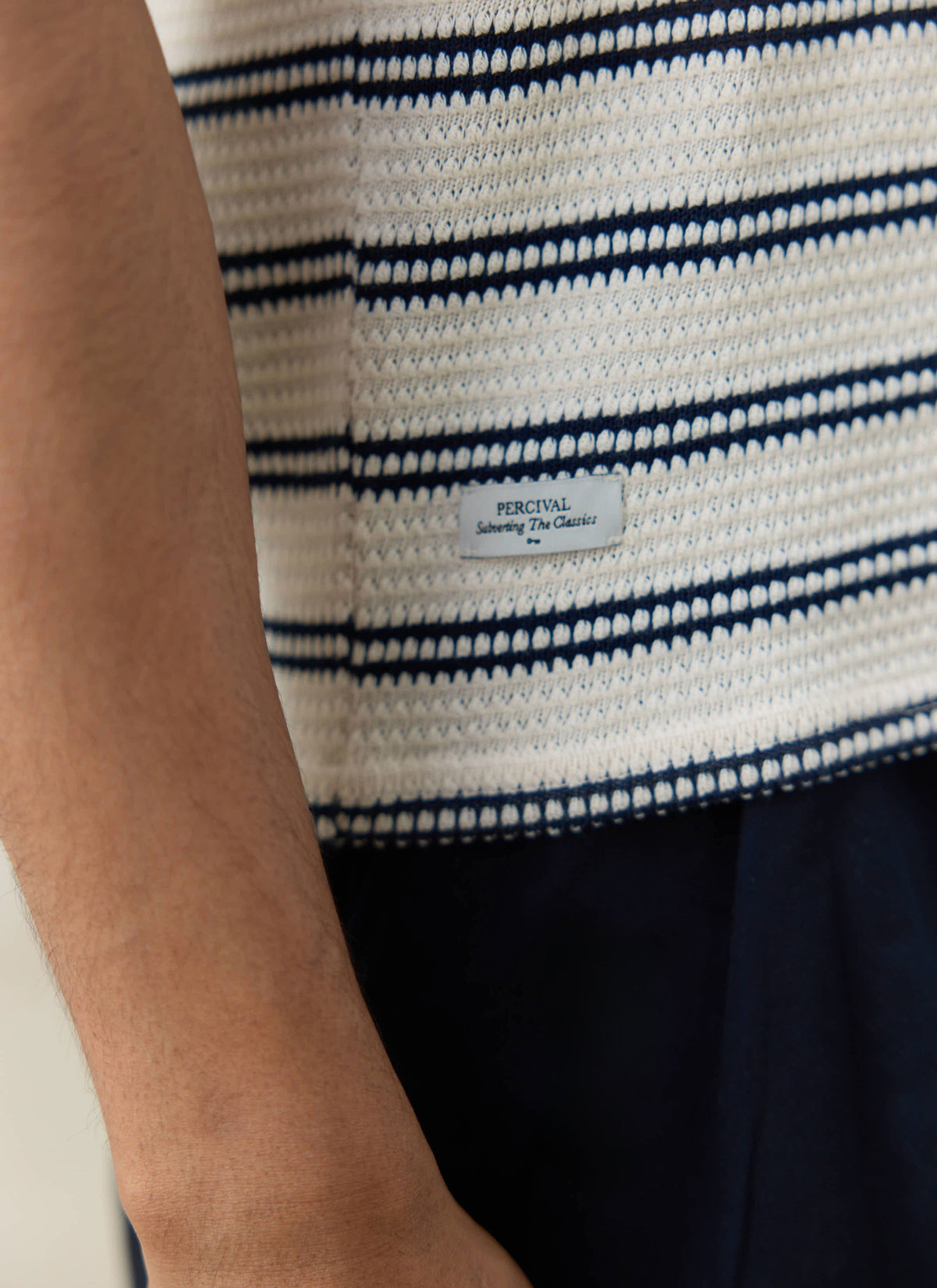 Men's Knitted Polo Shirt - Moore - Cotton - Cream Stripe | Percival