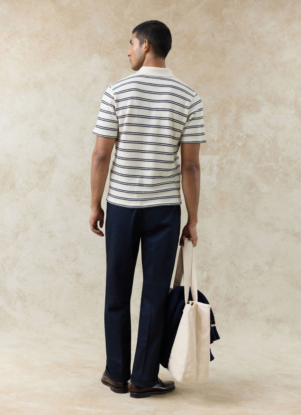 Men's Knitted Polo Shirt - Moore - Cotton - Cream Stripe | Percival