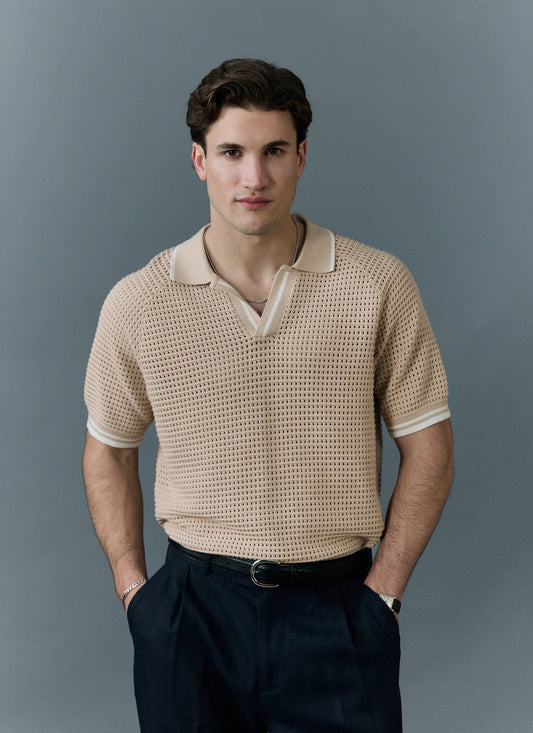 Men's Tennis Knit Polo Shirt - Cotton - Ecru Cream | Percival